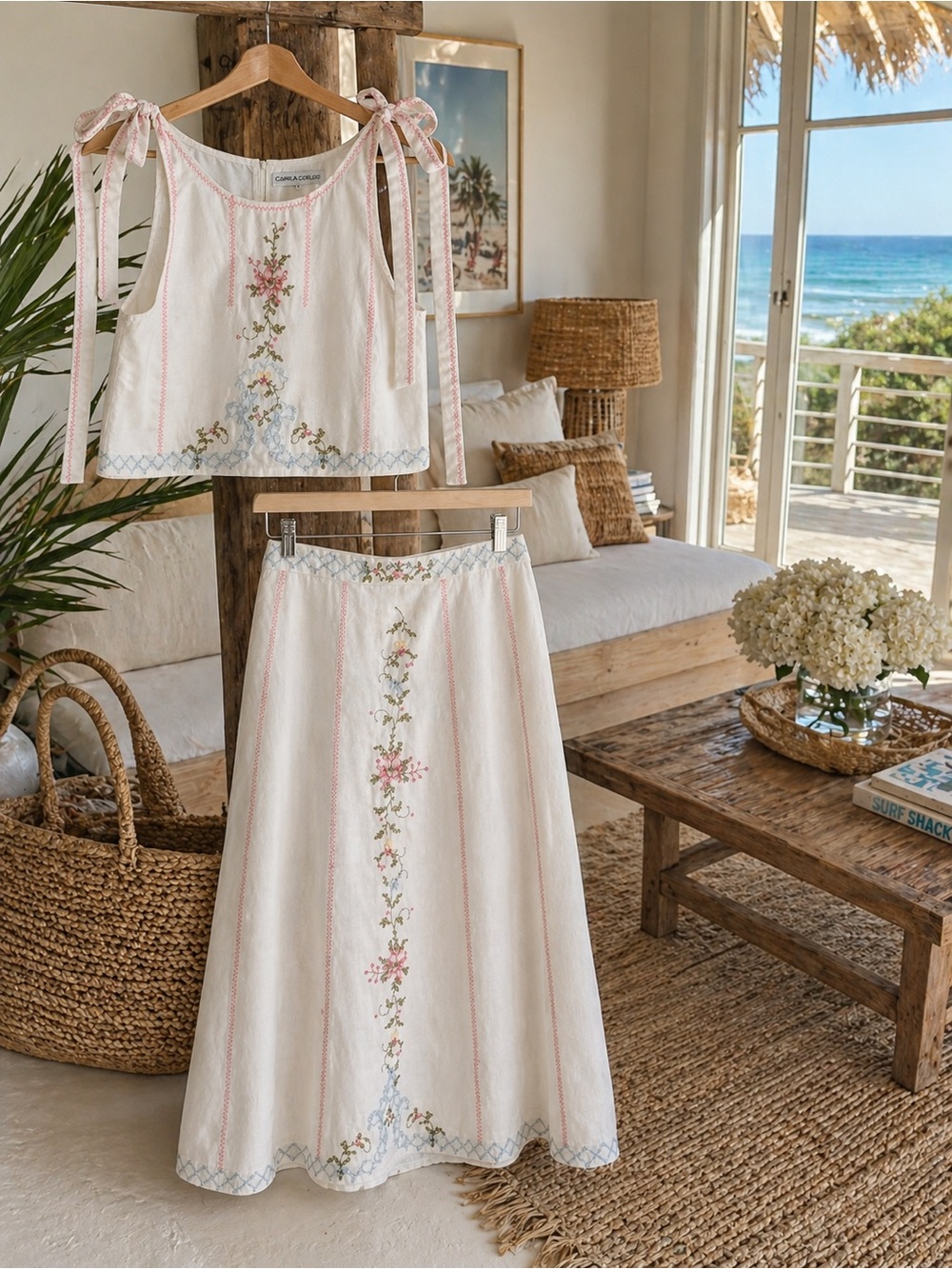 Camila Coelho Cream Maxi Skirt with Pink & Blue Floral Embroidery